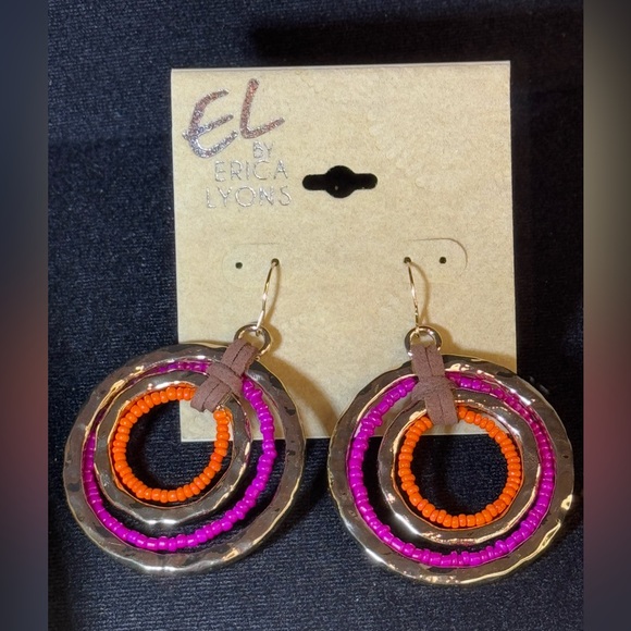 Erica Lyon Gold Pink Orange Rings Dangling Hook Earrings 2.5 inch - Picture 2 of 7